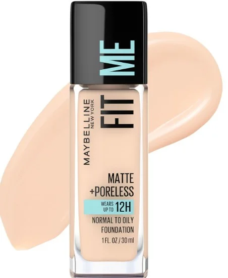 Maybelline Fit Me Matte Poreless Liquid Foundation bottle with beige makeup swatch in the background.